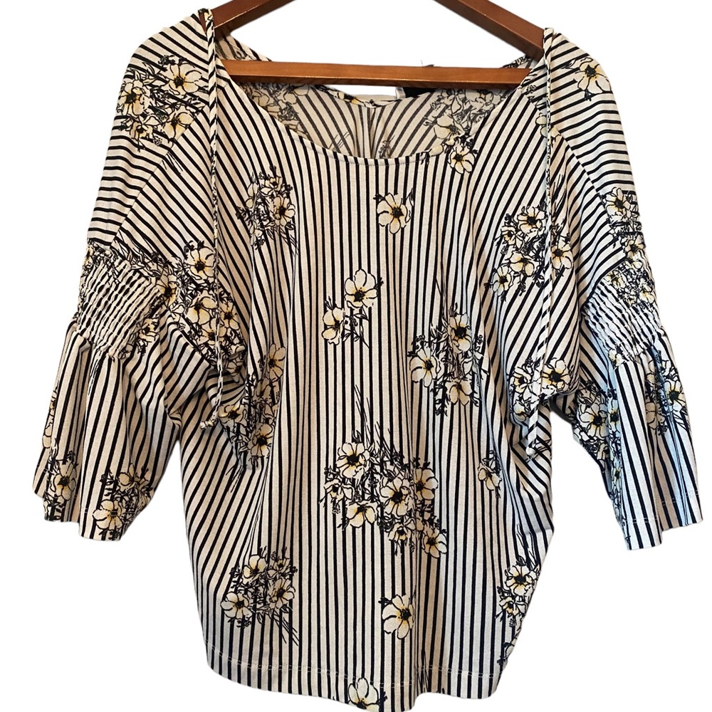 Twine & String Striped Floral Bell Sleeved Top